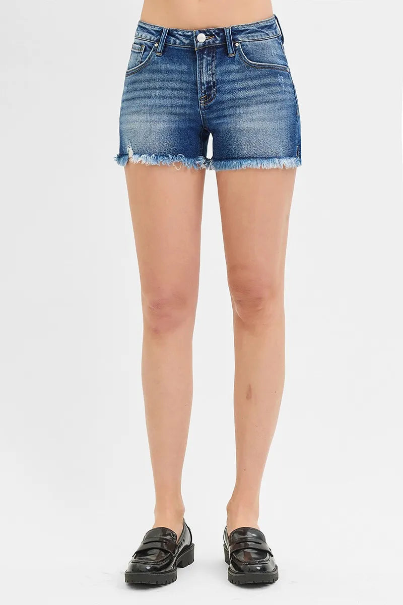 RISEN Low Rise Frayed Denim Shorts-RISEN-Reef Love Boutique
