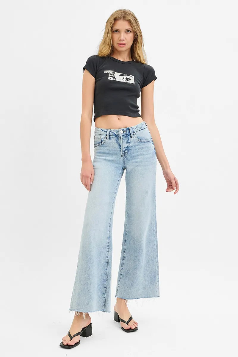 RISEN Low Rise Raw Cut Hem Wide Leg Jeans, Light Wash-RISEN-Reef Love Boutique