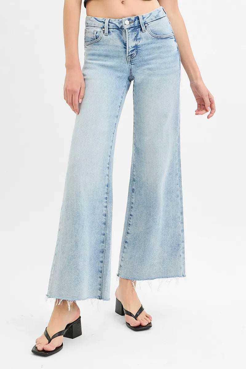 RISEN Low Rise Raw Cut Hem Wide Leg Jeans, Light Wash-RISEN-LIGHT-0-Reef Love Boutique
