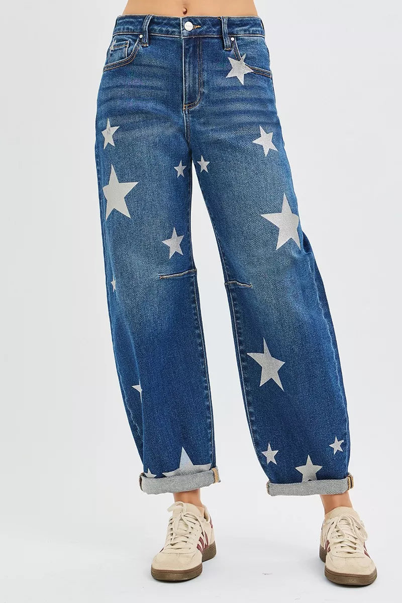 RISEN Mid Rise Ankle Length Relaxed Barrel Star Printed Jeans-Reef Love