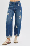 RISEN Mid Rise Ankle Length Relaxed Barrel Star Printed Jeans-Reef Love