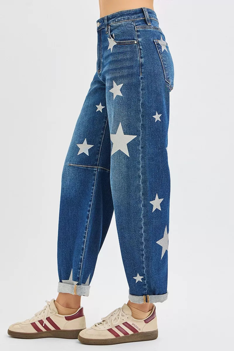 RISEN Mid Rise Ankle Length Relaxed Barrel Star Printed Jeans-Reef Love