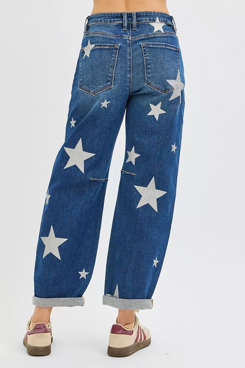 RISEN Mid Rise Ankle Length Relaxed Barrel Star Printed Jeans-Reef Love