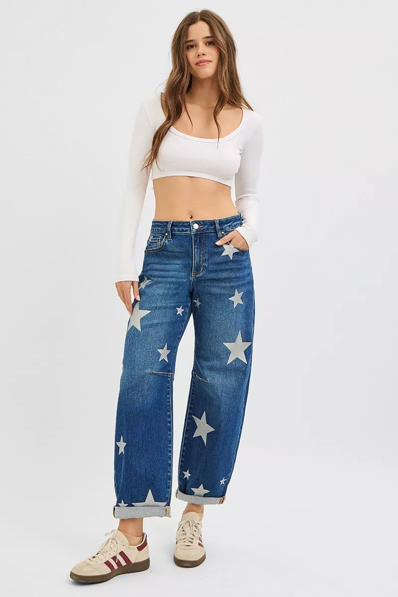 RISEN Mid Rise Ankle Length Relaxed Barrel Star Printed Jeans-Reef Love