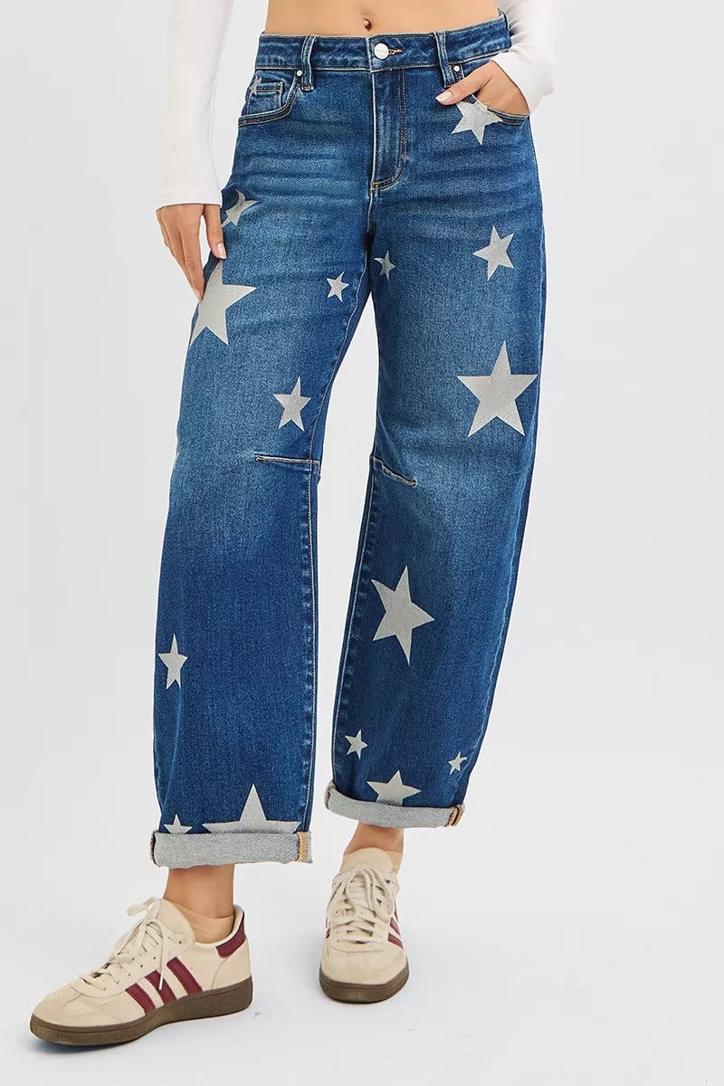 RISEN Mid Rise Ankle Length Relaxed Barrel Star Printed Jeans-Reef Love