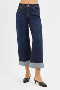 RISEN Mid Rise Fit Ankle Wide Roll Up Jeans