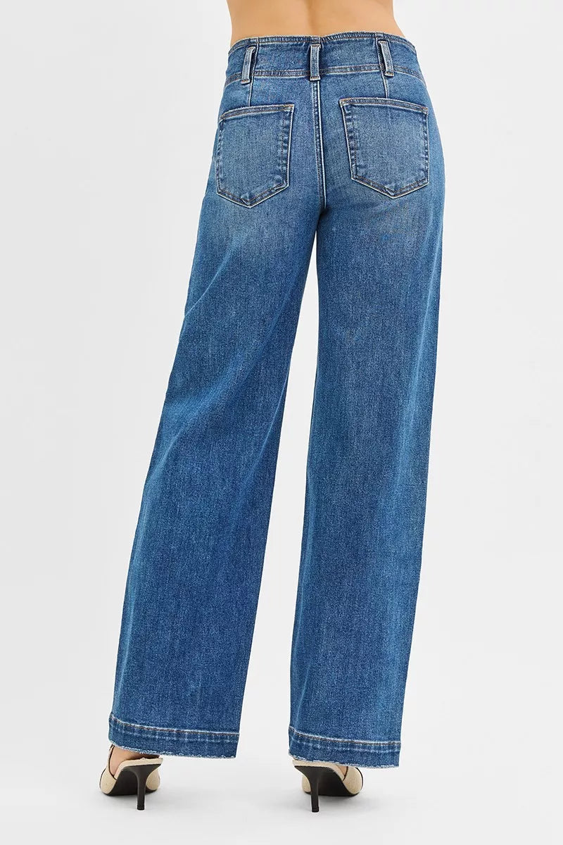 RISEN Mid Rise Fit Wide Baggy Front Seam Jeans