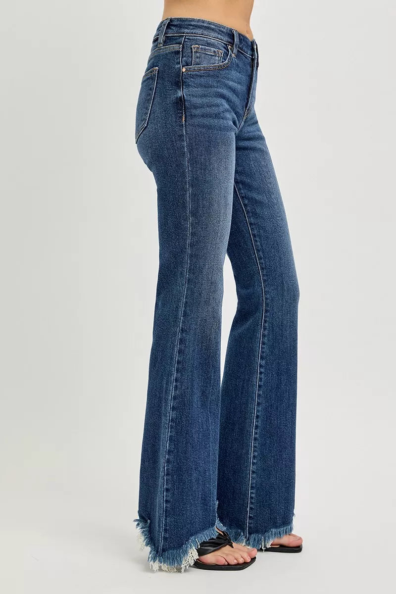 RISEN Mid Rise Flare Frayed Hem Jeans
