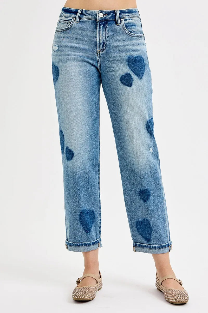 RISEN Mid Rise Heart Shade Boyfriend Cropped Jeans