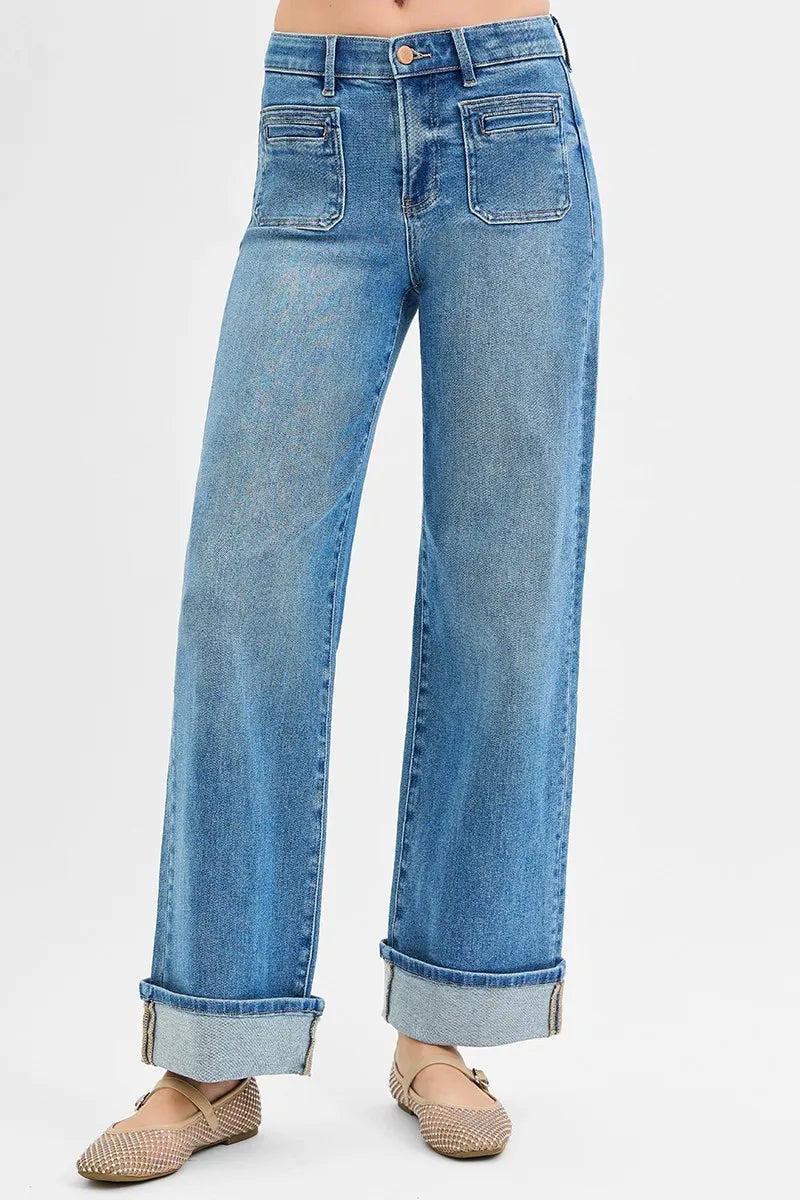 RISEN Mid Rise Wide Front Patch Pocket Cuff Jeans-Reef Love