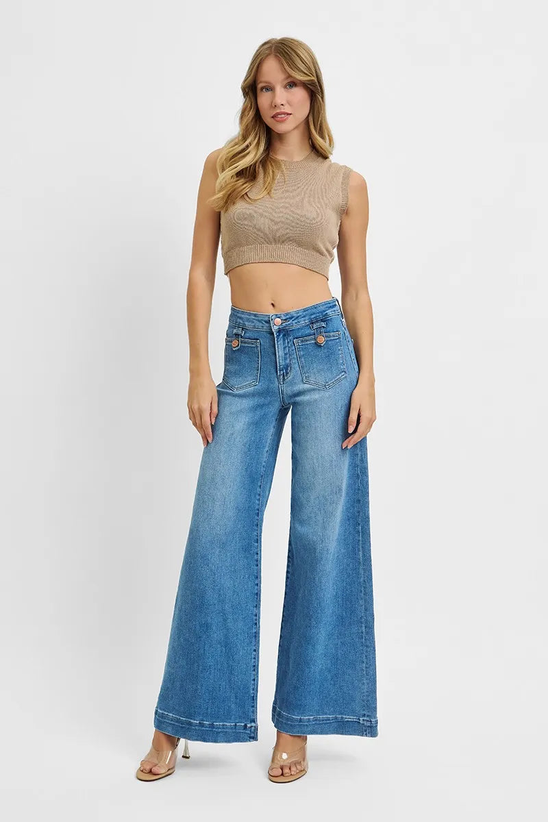 RISEN Mid Rise Wide Front Patch Pocket Jeans-RISEN-Reef Love Boutique
