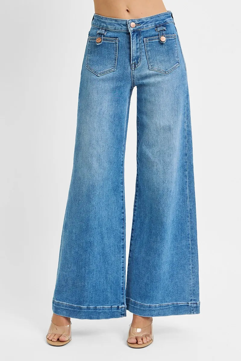 RISEN Mid Rise Wide Front Patch Pocket Jeans Plus Size-Reef Love