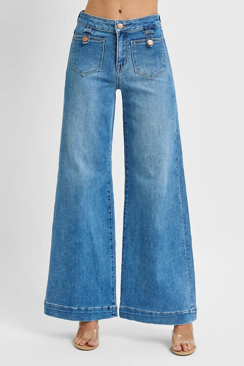 RISEN Mid Rise Wide Front Patch Pocket Jeans Plus Size-Reef Love