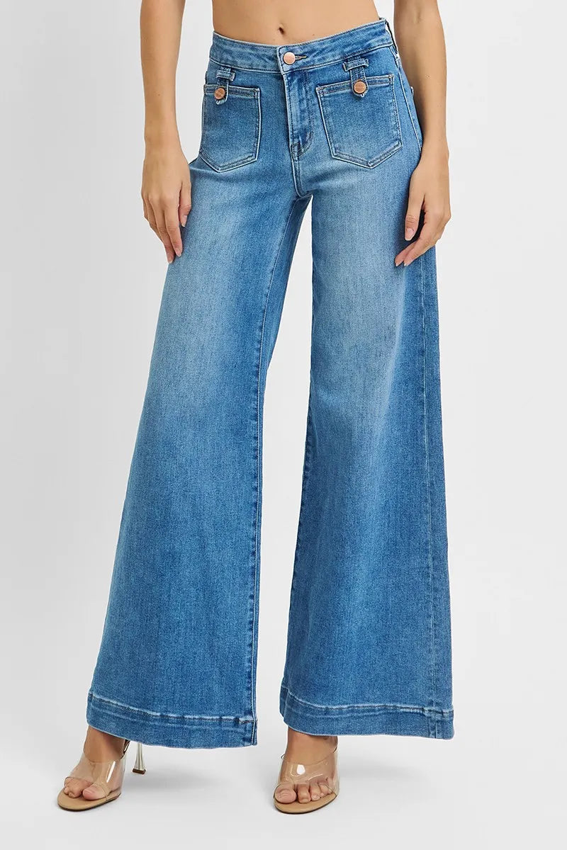 RISEN Mid Rise Wide Front Patch Pocket Jeans Plus Size-Reef Love