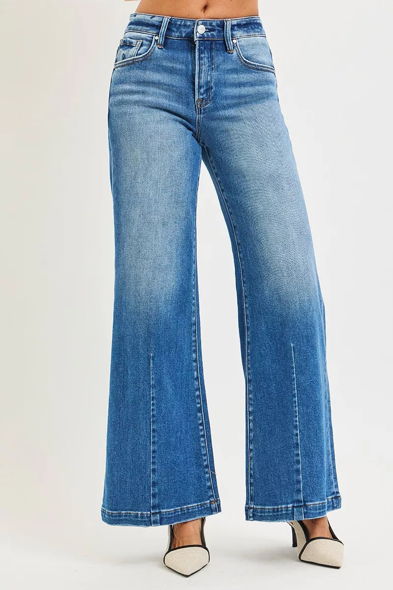 RISEN Mid Rise Wide Leg Jeans with Flared Look