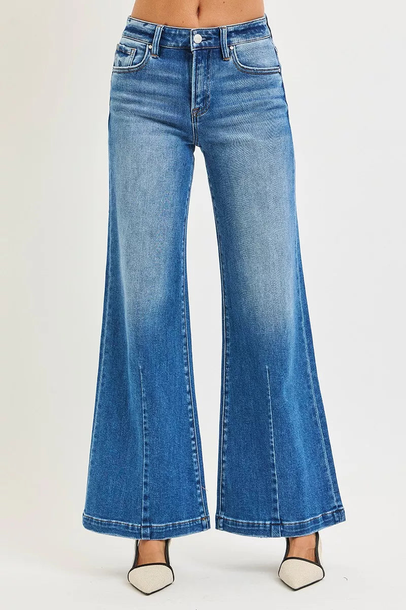 RISEN Mid Rise Wide Leg Jeans with Flared Look