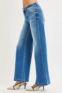 RISEN Mid Rise Wide Leg Jeans with Flared Look