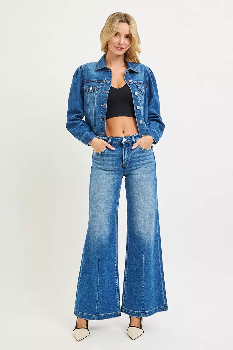 RISEN Mid Rise Wide Leg Jeans with Flared Look