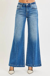 RISEN Mid Rise Wide Leg Jeans with Flared Look