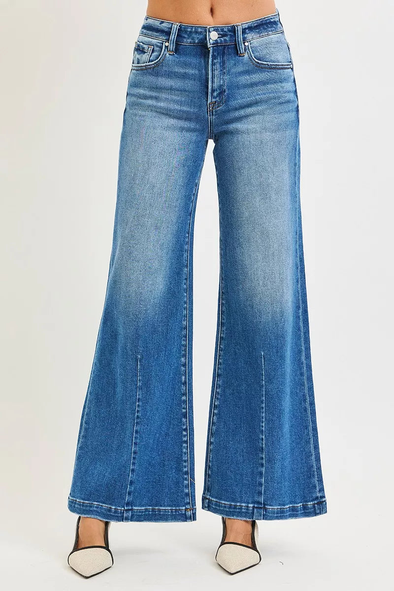RISEN Mid Rise Wide Leg Jeans with Flared Look
