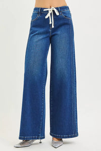 RISEN Mid Rise Wide Side Pintuck Jeans with Front Drawstring-Reef Love