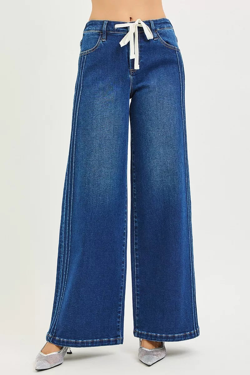RISEN Mid Rise Wide Side Pintuck Jeans with Front Drawstring-Reef Love