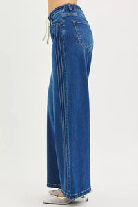RISEN Mid Rise Wide Side Pintuck Jeans with Front Drawstring-Reef Love