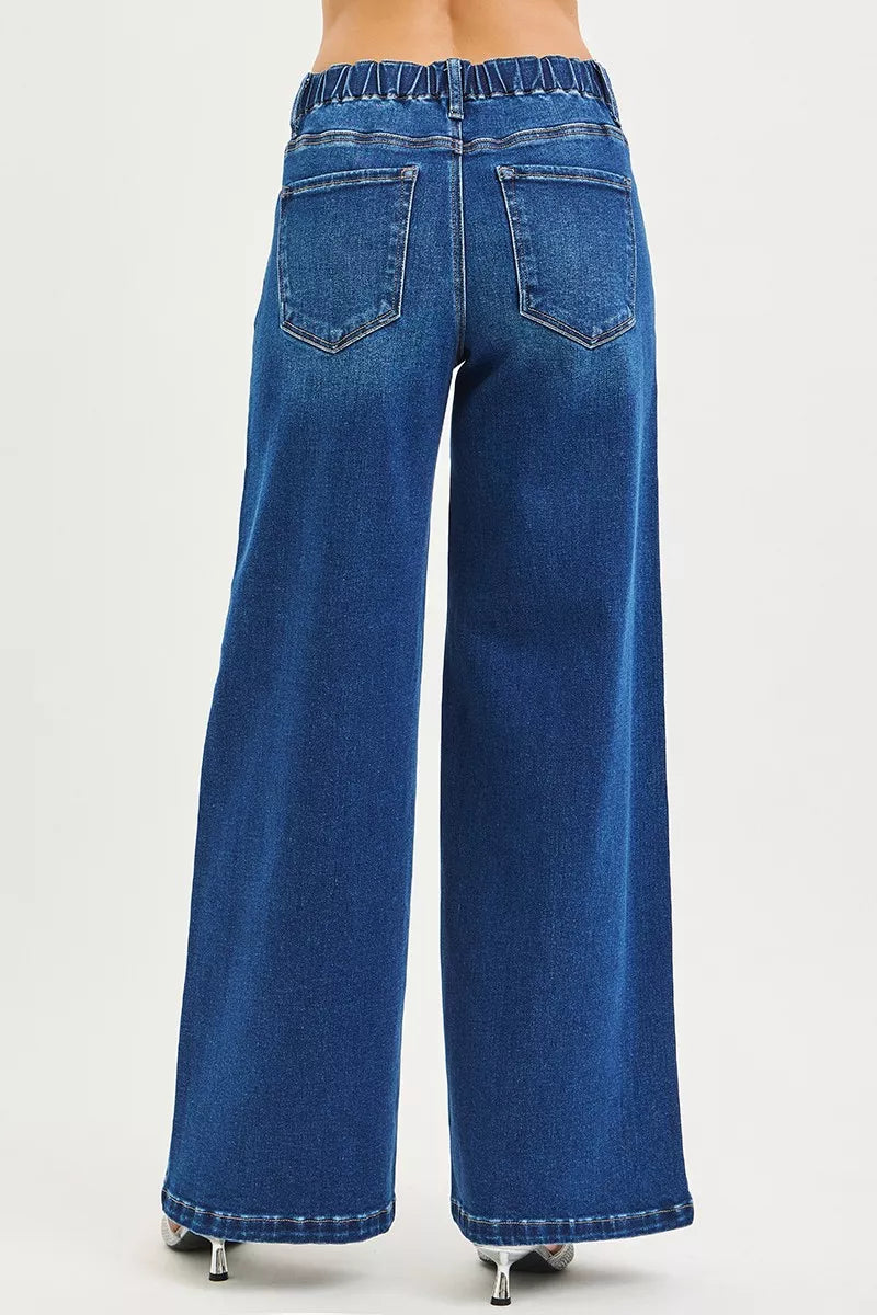 RISEN Mid Rise Wide Side Pintuck Jeans with Front Drawstring-Reef Love