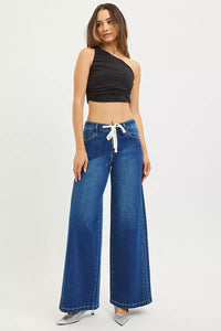 RISEN Mid Rise Wide Side Pintuck Jeans with Front Drawstring-Reef Love