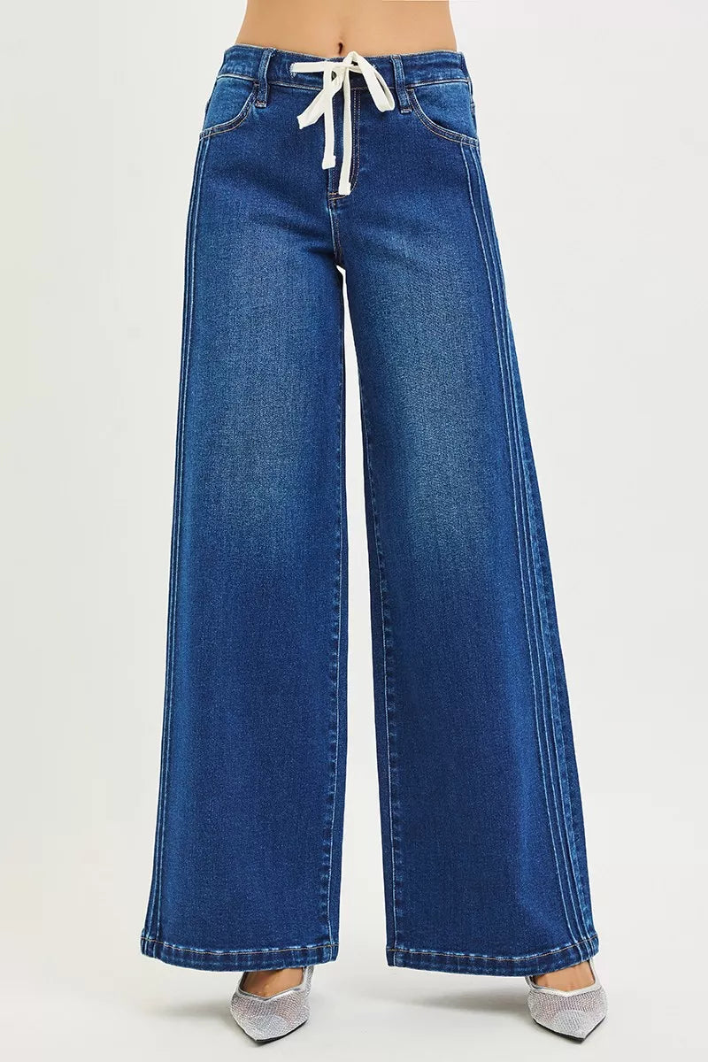RISEN Mid Rise Wide Side Pintuck Jeans with Front Drawstring-Reef Love