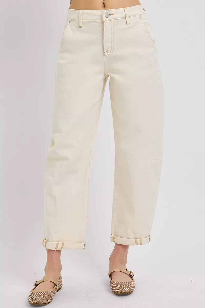 RISEN Off-White High Rise Relaxed Barrel Cuffed Jeans