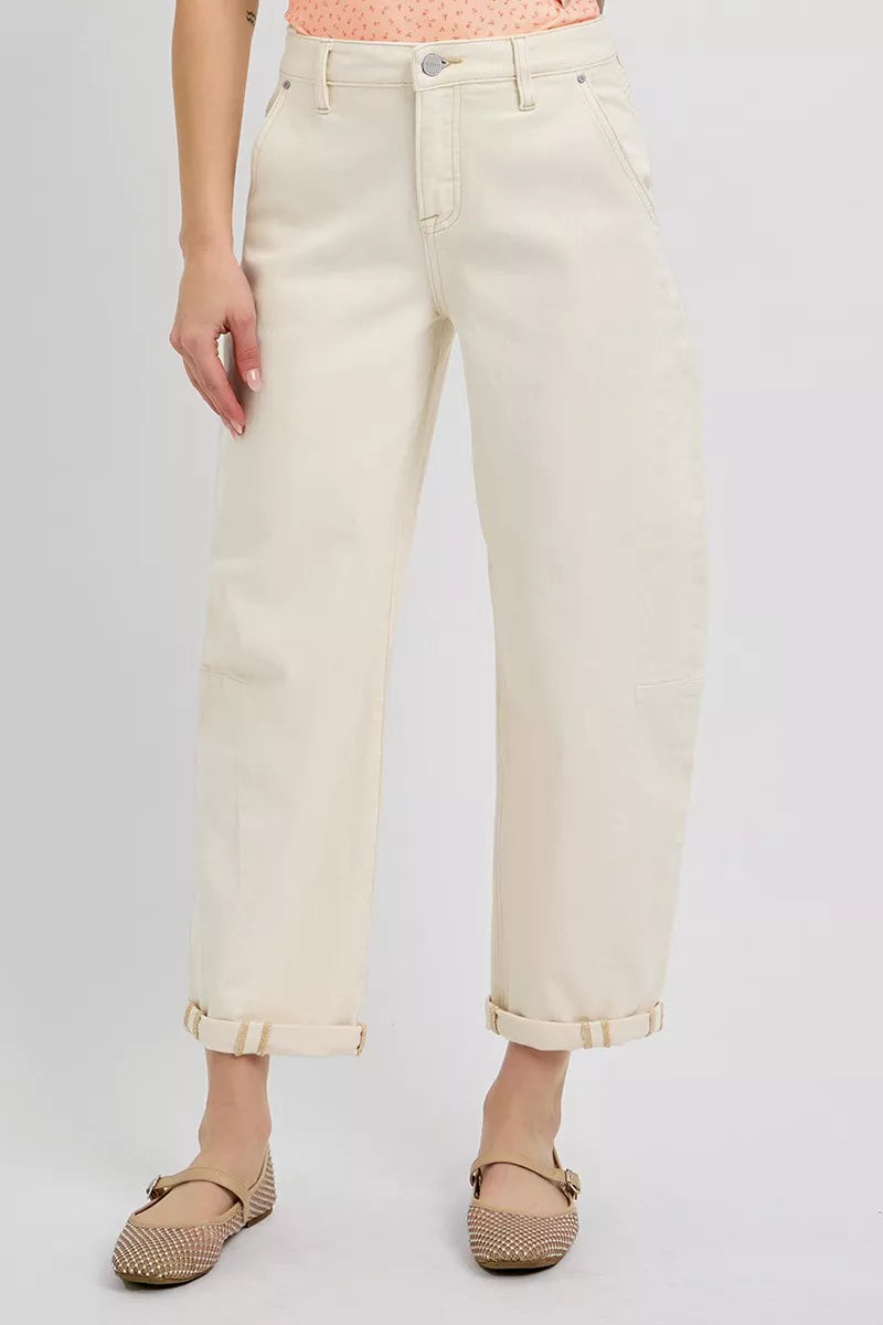 RISEN Off-White High Rise Relaxed Barrel Cuffed Jeans