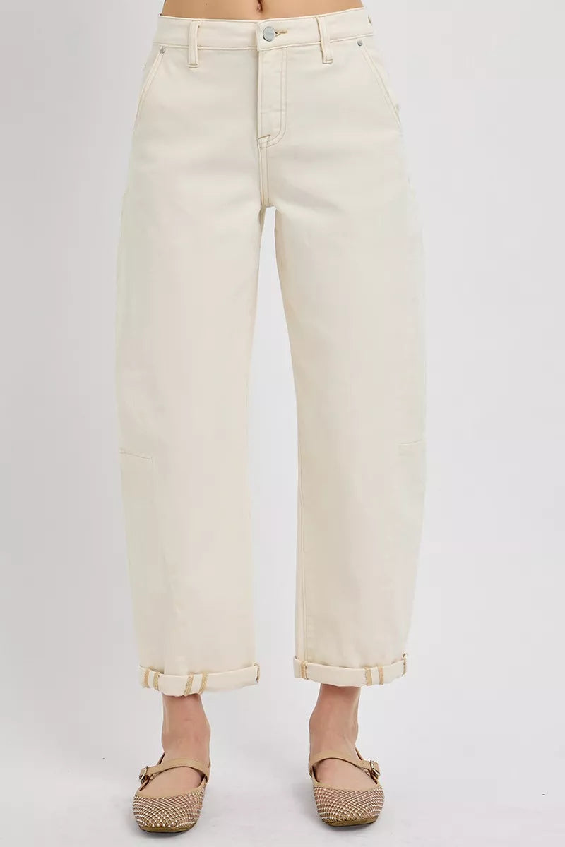 RISEN Off-White High Rise Relaxed Barrel Cuffed Jeans