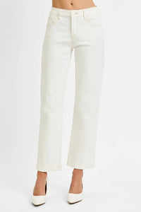 RISEN Off-White Tummy Control Mid Rise Ankle Straight Jeans-RISEN-Reef Love Boutique