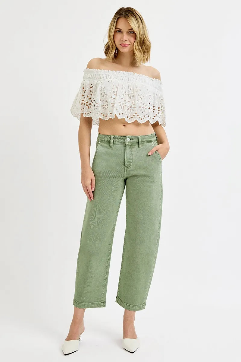 RISEN Olive Green Tummy Control High Rise Cropped Barrel Jeans- Boho Chic Styles by Reef Love