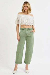 RISEN Olive Green Tummy Control High Rise Cropped Barrel Jeans- Boho Chic Styles by Reef Love