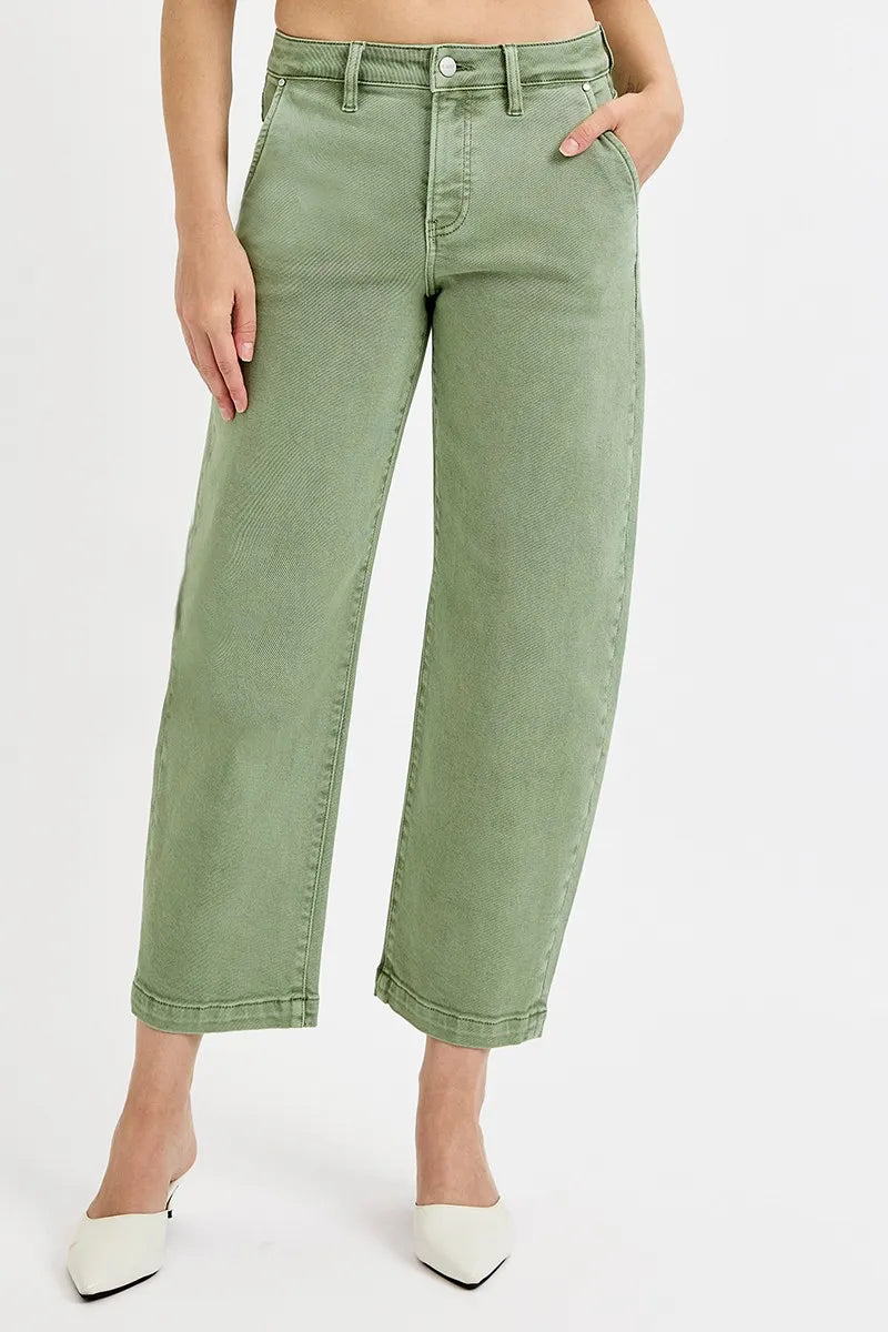 RISEN Olive Green Tummy Control High Rise Cropped Barrel Jeans- Boho Chic Styles by Reef Love