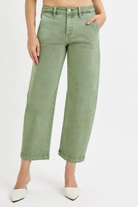 RISEN Olive Green Tummy Control High Rise Cropped Barrel Jeans- Boho Chic Styles by Reef Love