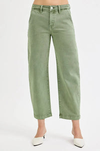 RISEN Olive Green Tummy Control High Rise Cropped Barrel Jeans- Boho Chic Styles by Reef Love