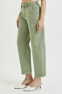 RISEN Olive Green Tummy Control High Rise Cropped Barrel Jeans- Boho Chic Styles by Reef Love