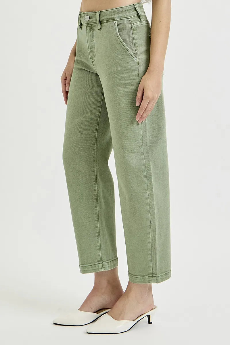 RISEN Olive Green Tummy Control High Rise Cropped Barrel Jeans- Boho Chic Styles by Reef Love