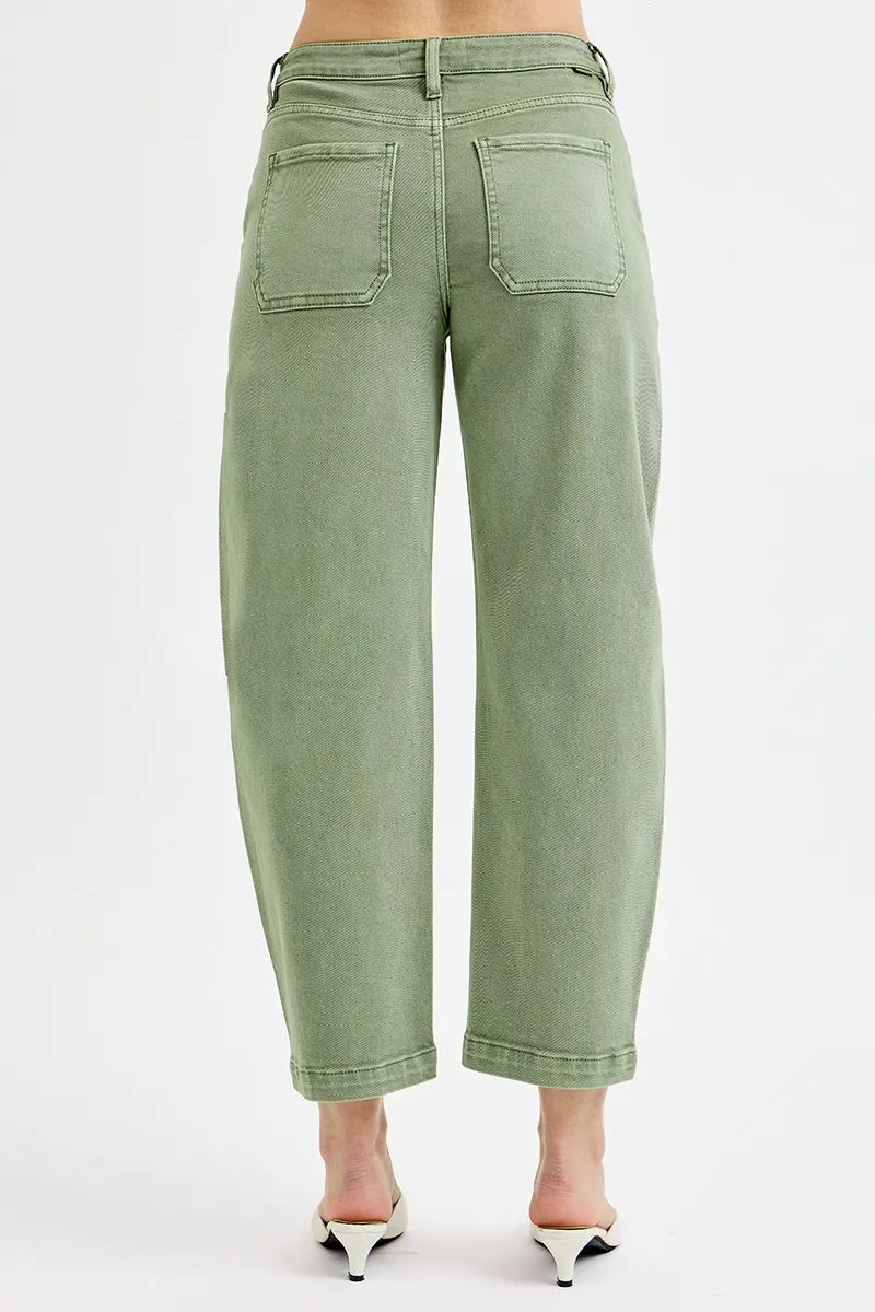RISEN Olive Green Tummy Control High Rise Cropped Barrel Jeans- Boho Chic Styles by Reef Love