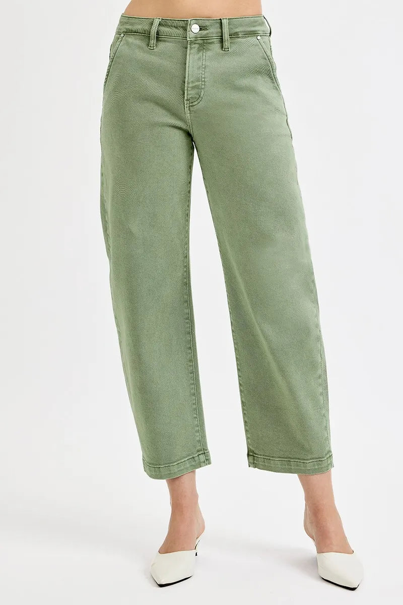 RISEN Olive Green Tummy Control High Rise Cropped Barrel Jeans- Boho Chic Styles by Reef Love