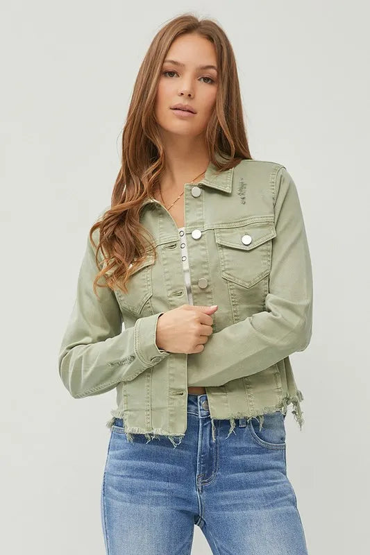 RISEN Raw Hem Button Up Cropped Denim Jacket, Sage Green-RISEN-Reef Love Boutique