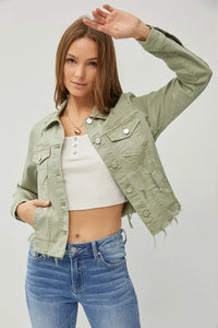 RISEN Raw Hem Button Up Cropped Denim Jacket, Sage Green-RISEN-Reef Love Boutique
