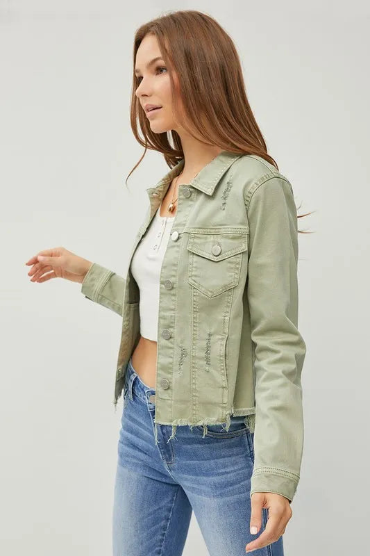 RISEN Raw Hem Button Up Cropped Denim Jacket, Sage Green-RISEN-Reef Love Boutique