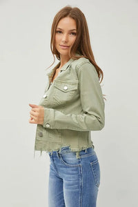 RISEN Raw Hem Button Up Cropped Denim Jacket, Sage Green-RISEN-Reef Love Boutique