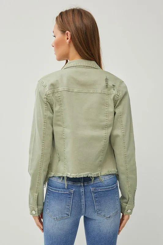 RISEN Raw Hem Button Up Cropped Denim Jacket, Sage Green-RISEN-Reef Love Boutique