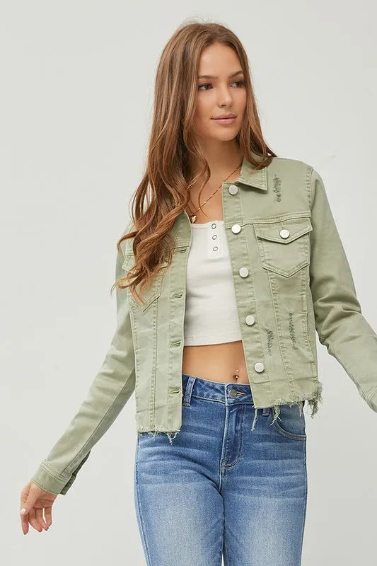 RISEN Raw Hem Button Up Cropped Denim Jacket, Sage Green-RISEN-Sage-S-Reef Love Boutique