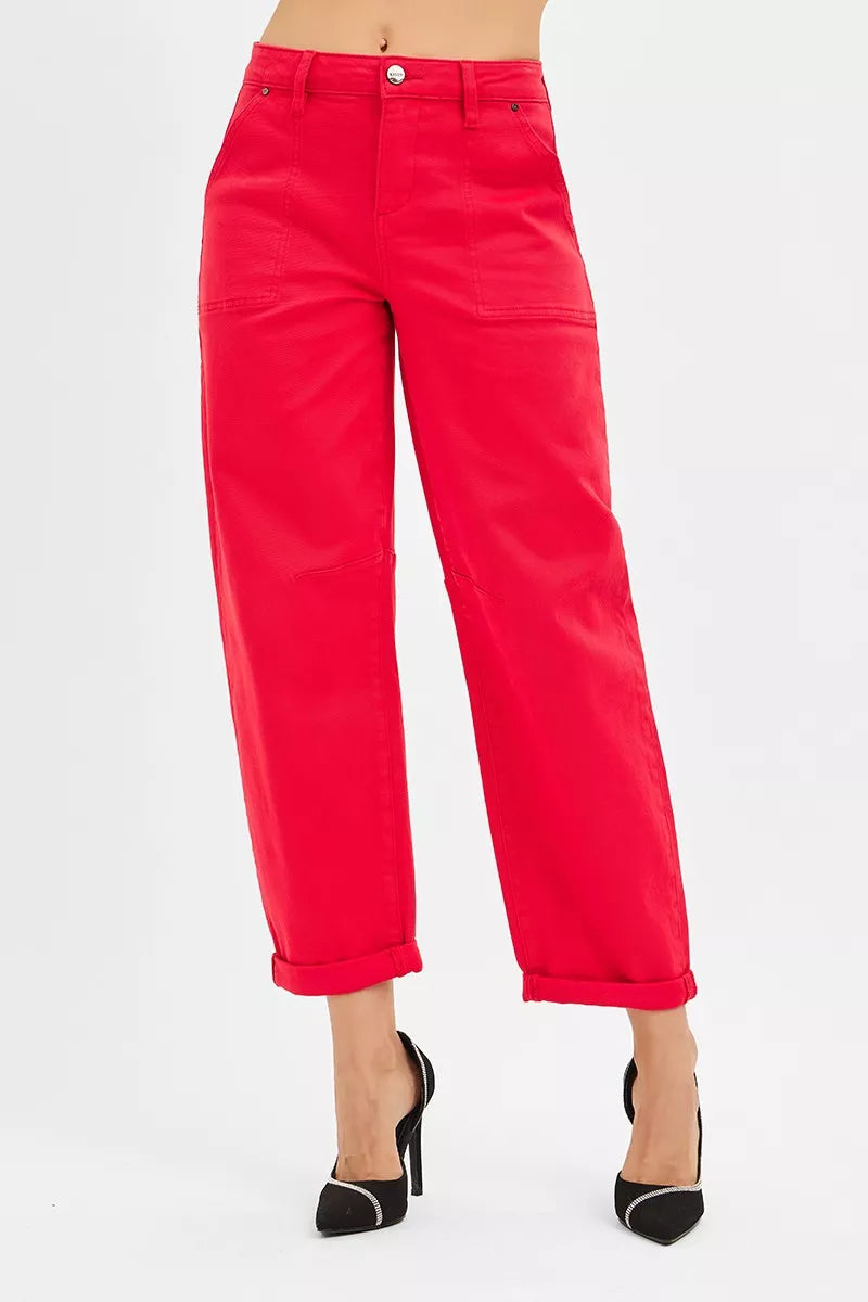 RISEN Scarlet High Rise Ankle Cuffed Barrel Pants-Risen high rise ankle cuffed barrel pants in scarlet red are a versatile and chic addition to your wardrobe. Providing a flattering and comfortable fit. 
